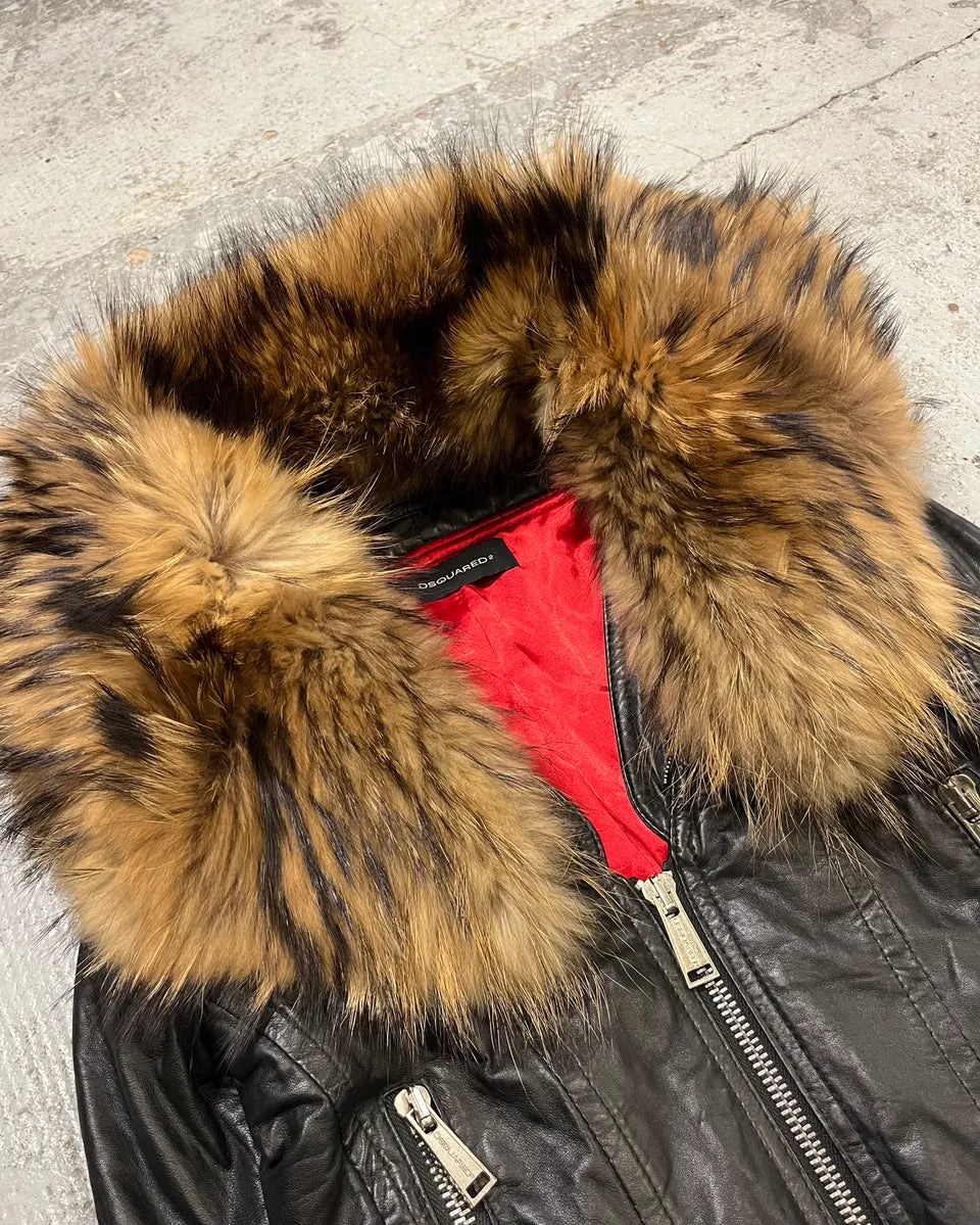 AW2007 Dsquared2 Black Leather Detachable Fur-Collar Jacket ZxXwKUS 4