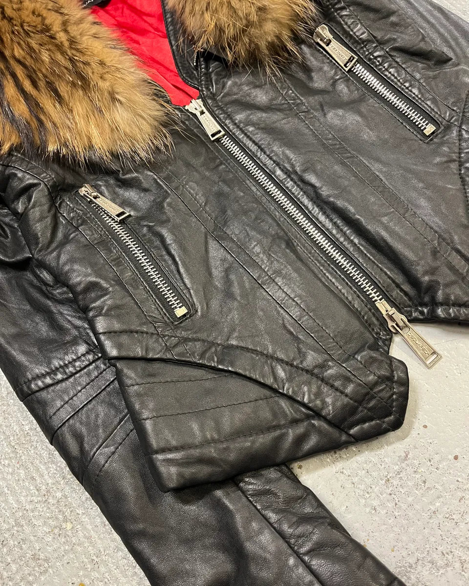 AW2007 Dsquared2 Black Leather Detachable Fur-Collar Jacket ZxXwKUS 5