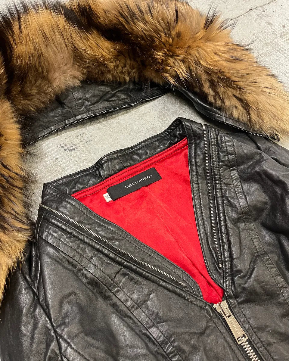 AW2007 Dsquared2 Black Leather Detachable Fur-Collar Jacket ZxXwKUS 7