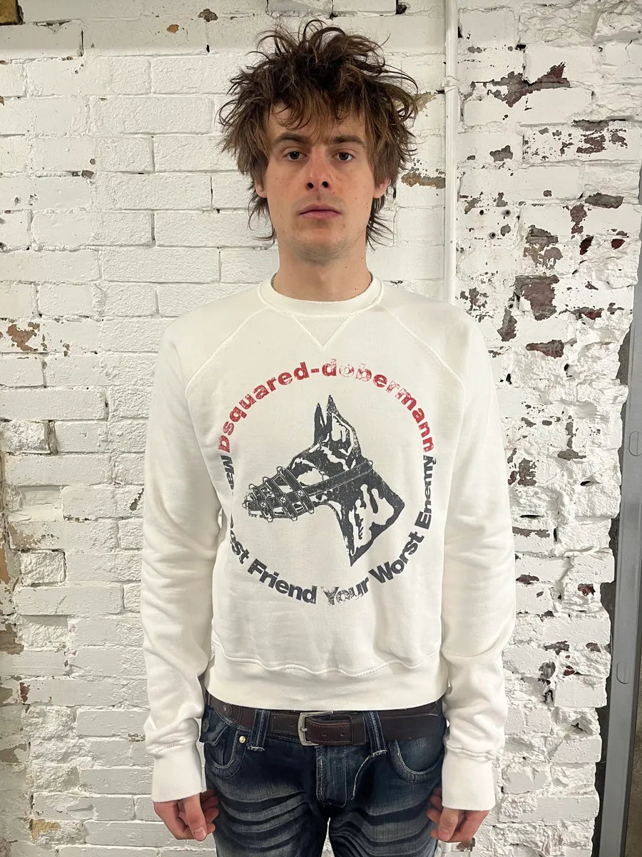 AW2007 Dsquared2 Doberman Print White Crewneck Sweatshirt dzHvTaj 0