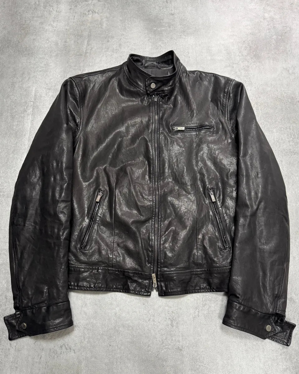 AW2007 Emporio Armani Agent Black Leather Jacket csVLZYu 0