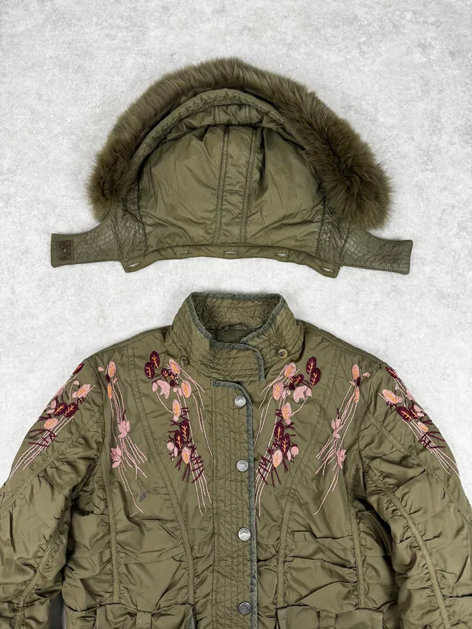 AW2007 Galliano Khaki Embroidered Flowers & Fur Bomber Jacket YhkzNxn 8
