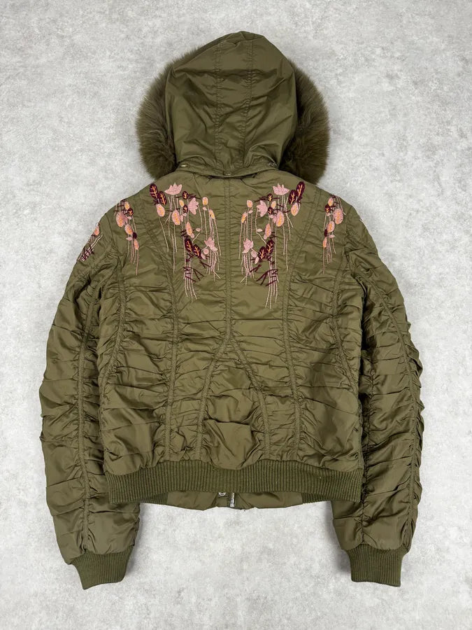 AW2007 Galliano Khaki Embroidered Flowers & Fur Bomber Jacket YhkzNxn 3