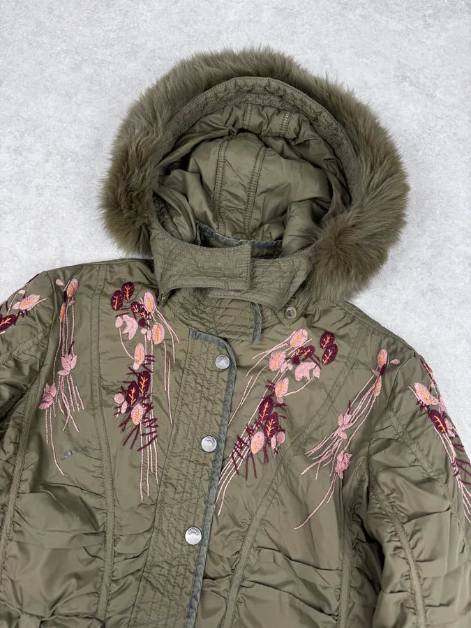 AW2007 Galliano Khaki Embroidered Flowers & Fur Bomber Jacket YhkzNxn 4