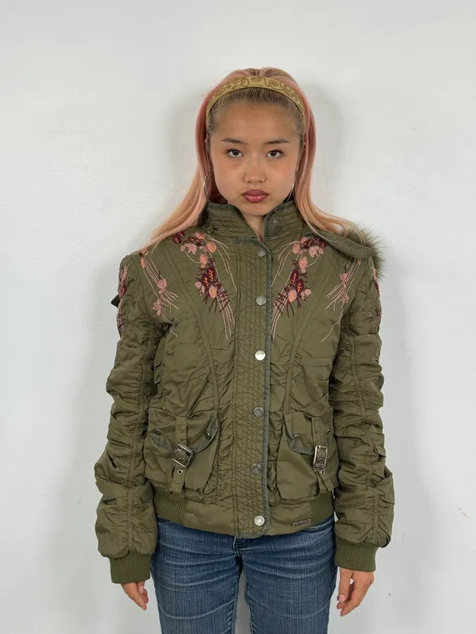 AW2007 Galliano Khaki Embroidered Flowers & Fur Bomber Jacket YhkzNxn 1