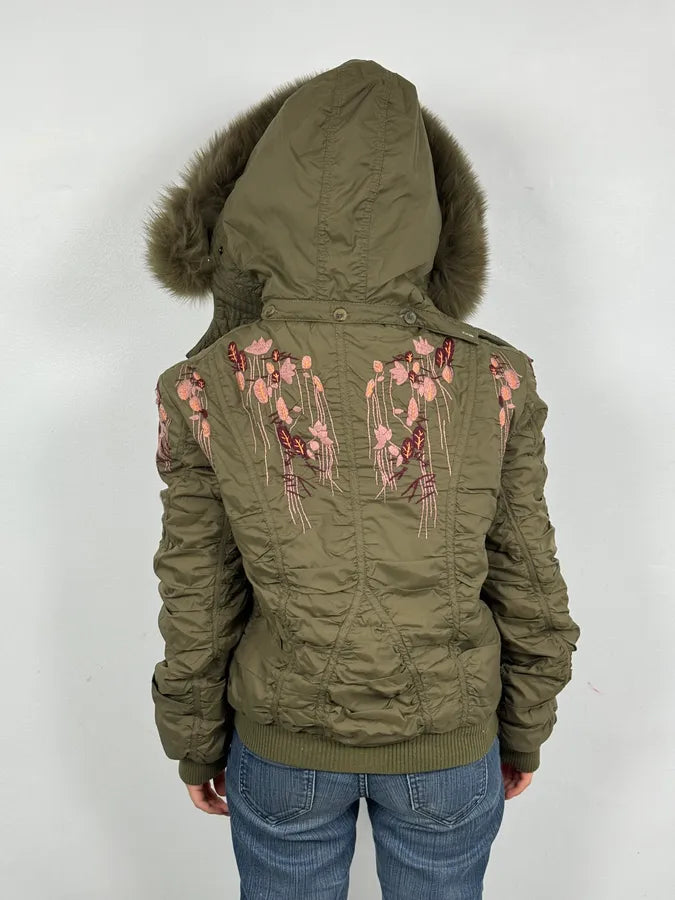 AW2007 Galliano Khaki Embroidered Flowers & Fur Bomber Jacket YhkzNxn 2