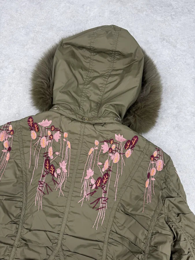 AW2007 Galliano Khaki Embroidered Flowers & Fur Bomber Jacket YhkzNxn 6