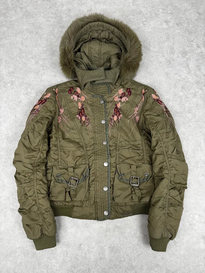 AW2007 Galliano Khaki Embroidered Flowers & Fur Bomber Jacket YhkzNxn 0