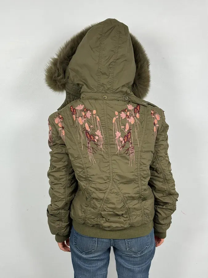 AW2007 Galliano Khaki Embroidered Flowers & Fur Bomber Jacket YhkzNxn 2