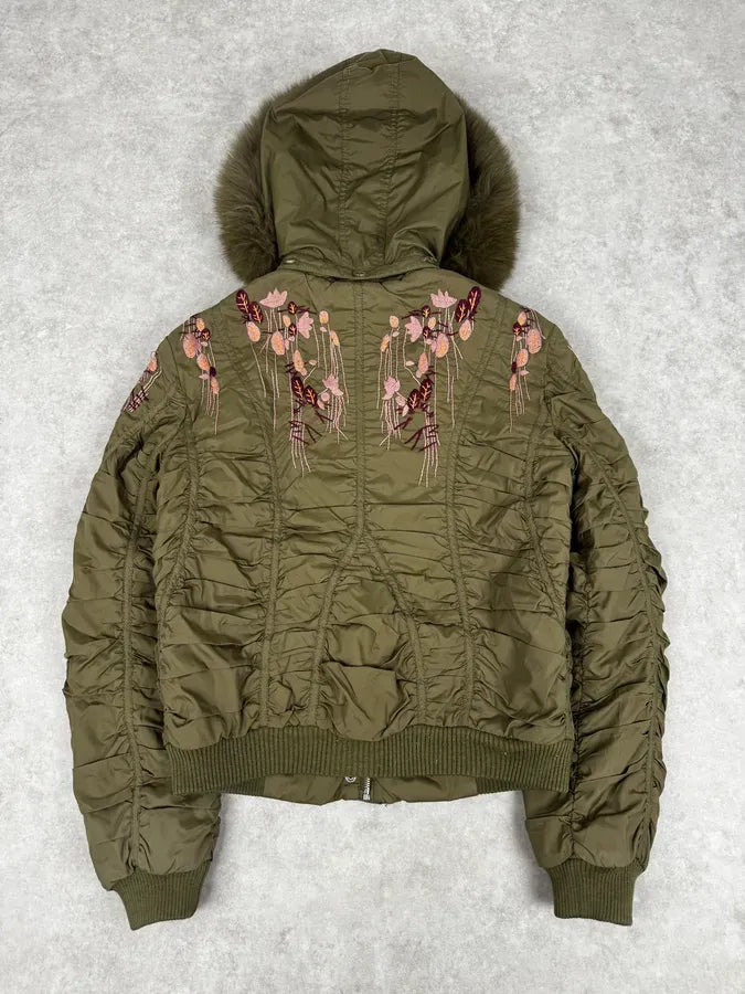 AW2007 Galliano Khaki Embroidered Flowers & Fur Bomber Jacket YhkzNxn 3