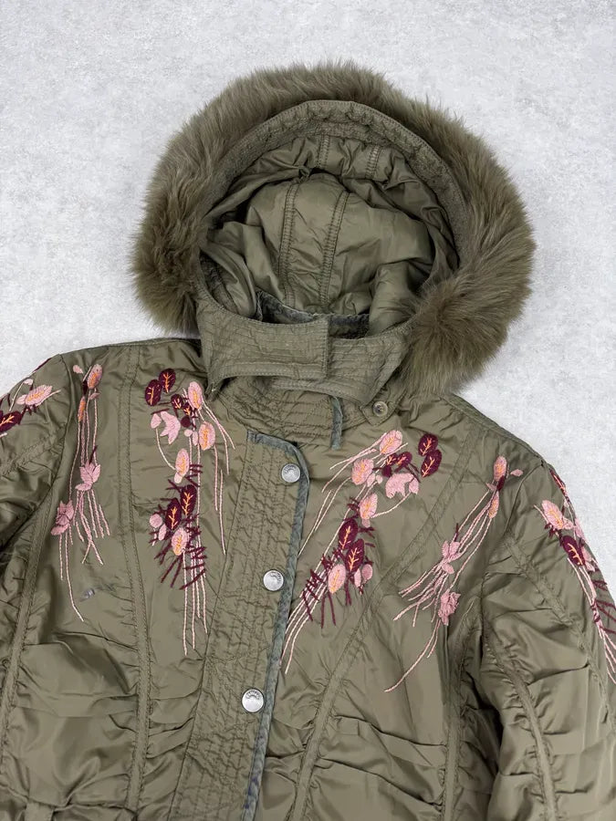 AW2007 Galliano Khaki Embroidered Flowers & Fur Bomber Jacket YhkzNxn 4