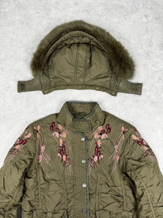 AW2007 Galliano Khaki Embroidered Flowers & Fur Bomber Jacket YhkzNxn 8