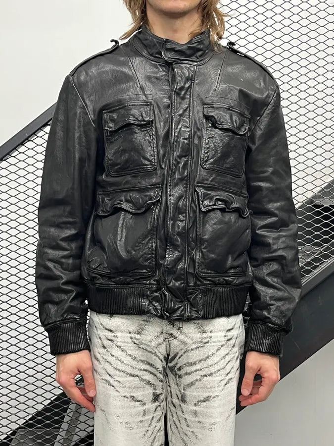 AW2007 Gianfranco Ferré Black Leather Multi-Pocket Bomber Jacket iIHLGAj 0