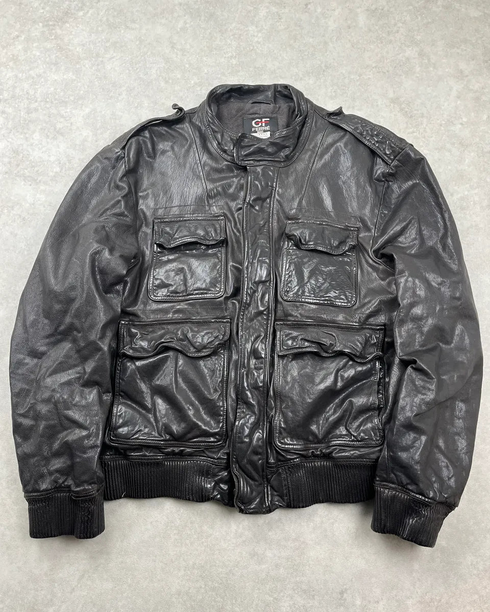 AW2007 Gianfranco Ferré Black Leather Multi-Pocket Bomber Jacket iIHLGAj 2