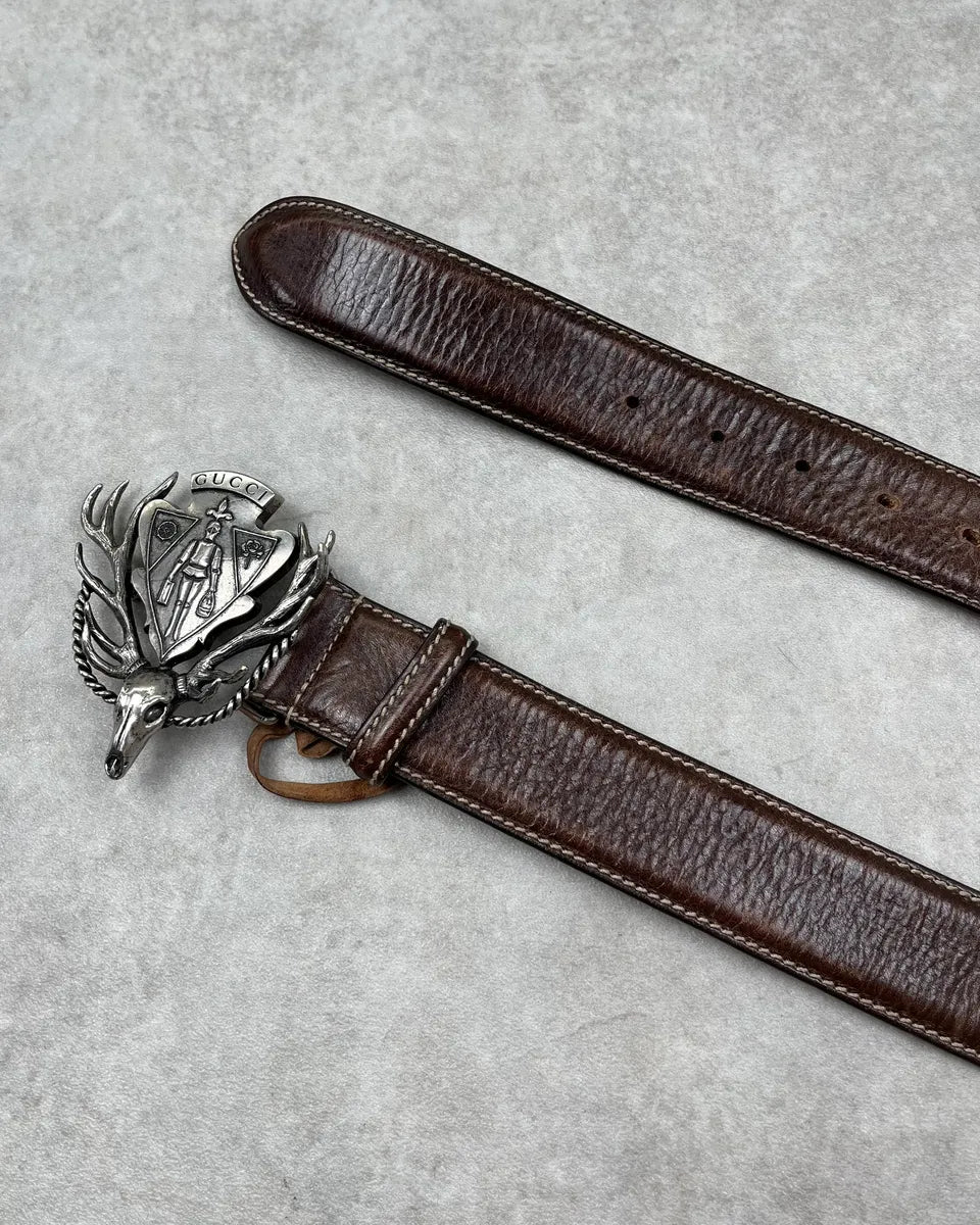 AW2007 Gucci Deer Golden Buckle Brown Leather Belt by Frida Giannini InHqmof 4