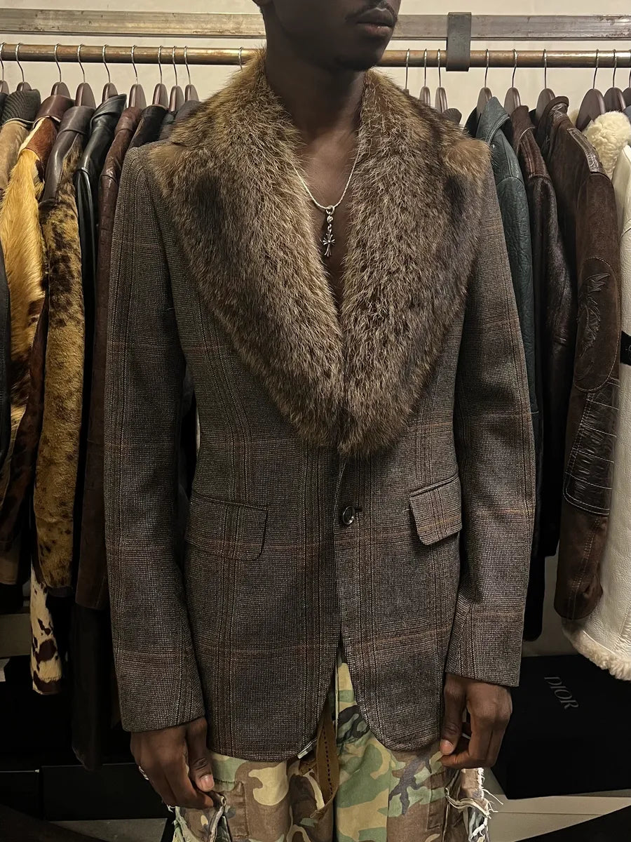 AW2007 Gucci Wolf Fur Collar Grey Tweed Blazer Jacket iuGIERT 1