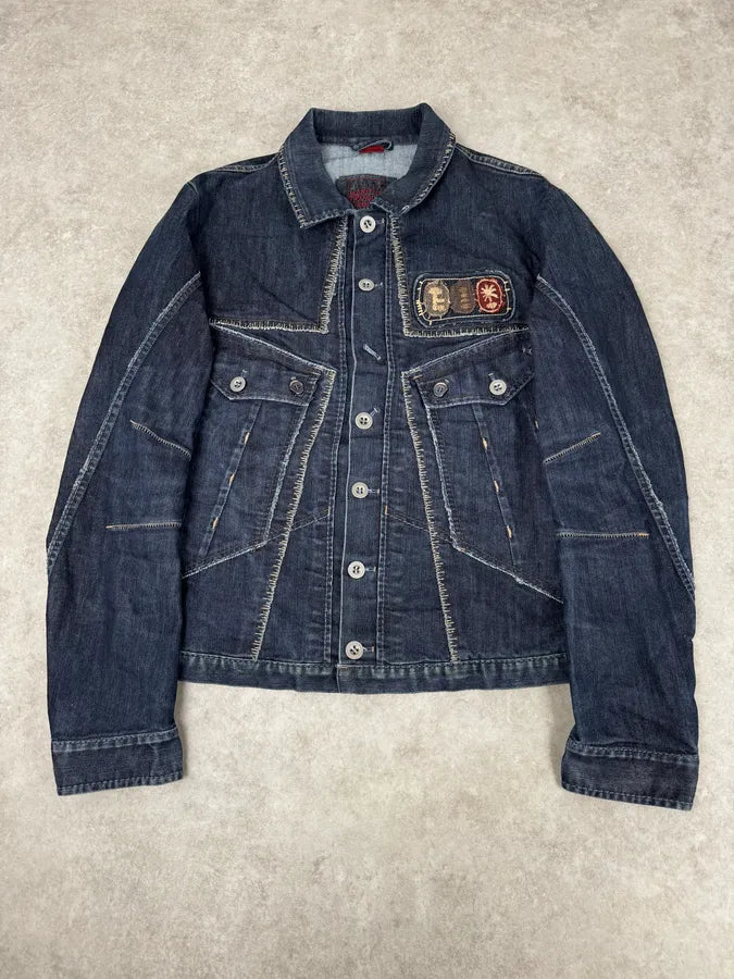AW2007 Marithé + François Girbaud Navy Structured Buttoned Patchwork Denim Jacket yatkyIv 0