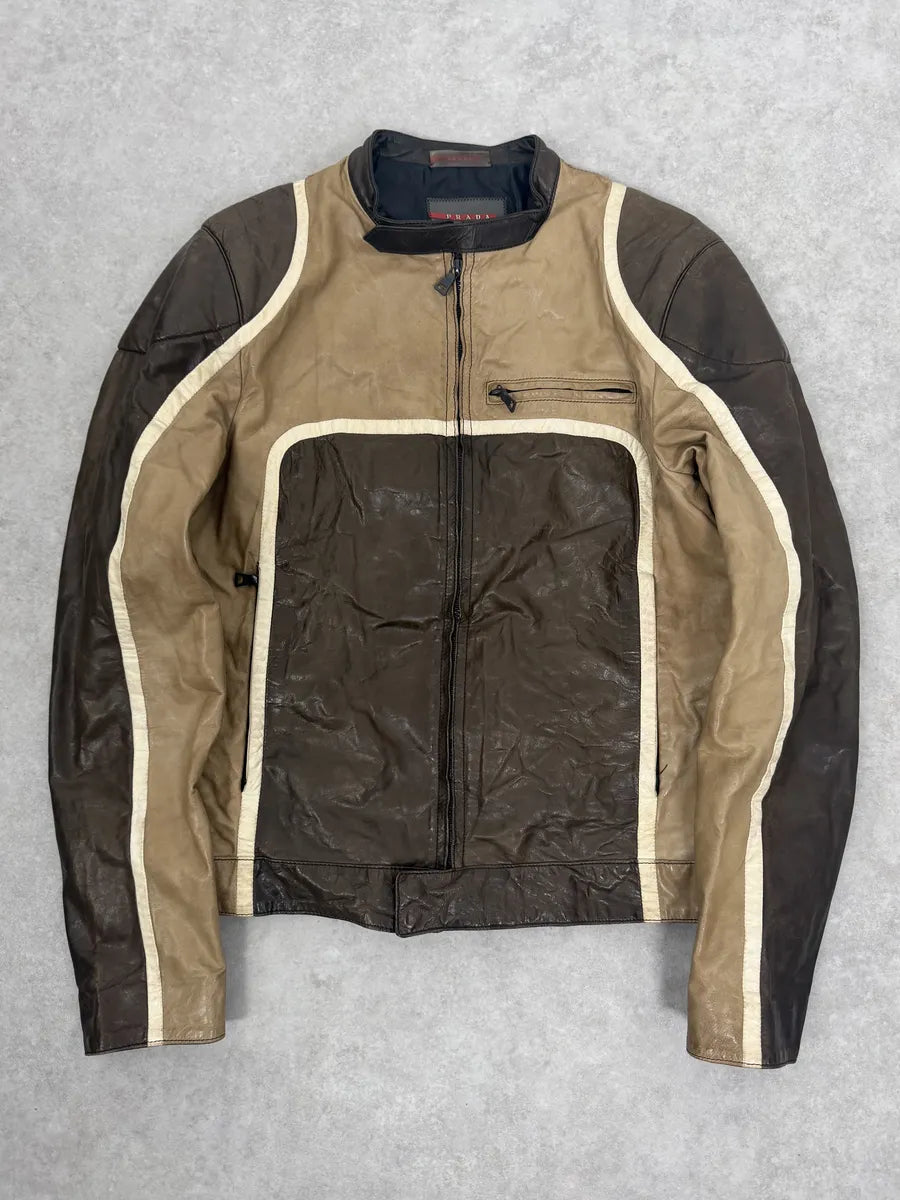 AW2007 Prada Beige & Brown Ricer Biker Leather Jacket oGbDHdS 0