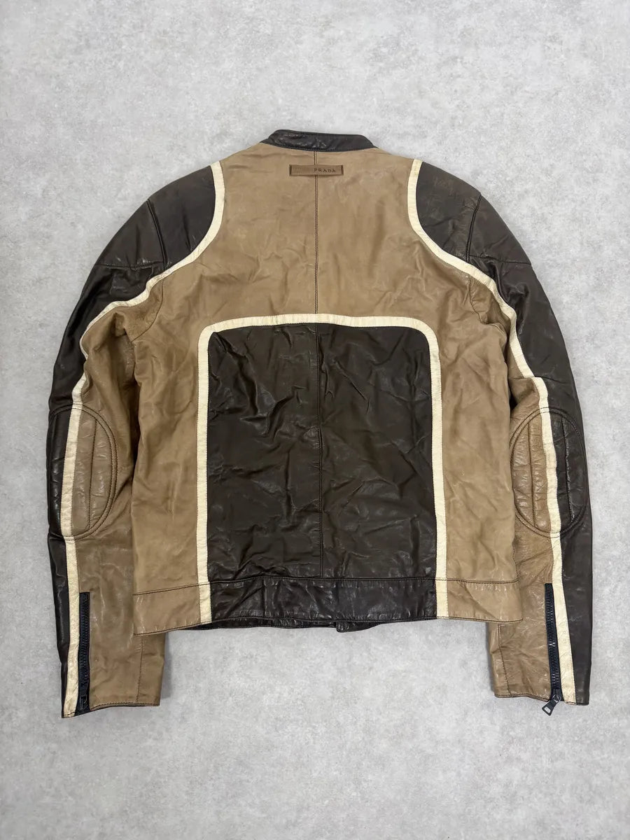 AW2007 Prada Beige & Brown Ricer Biker Leather Jacket oGbDHdS 1