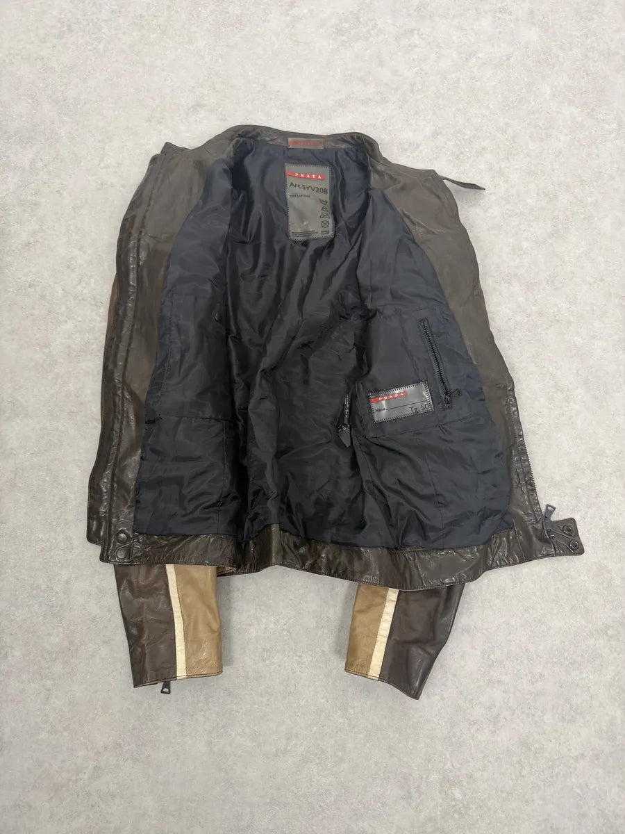 AW2007 Prada Beige & Brown Ricer Biker Leather Jacket oGbDHdS 11