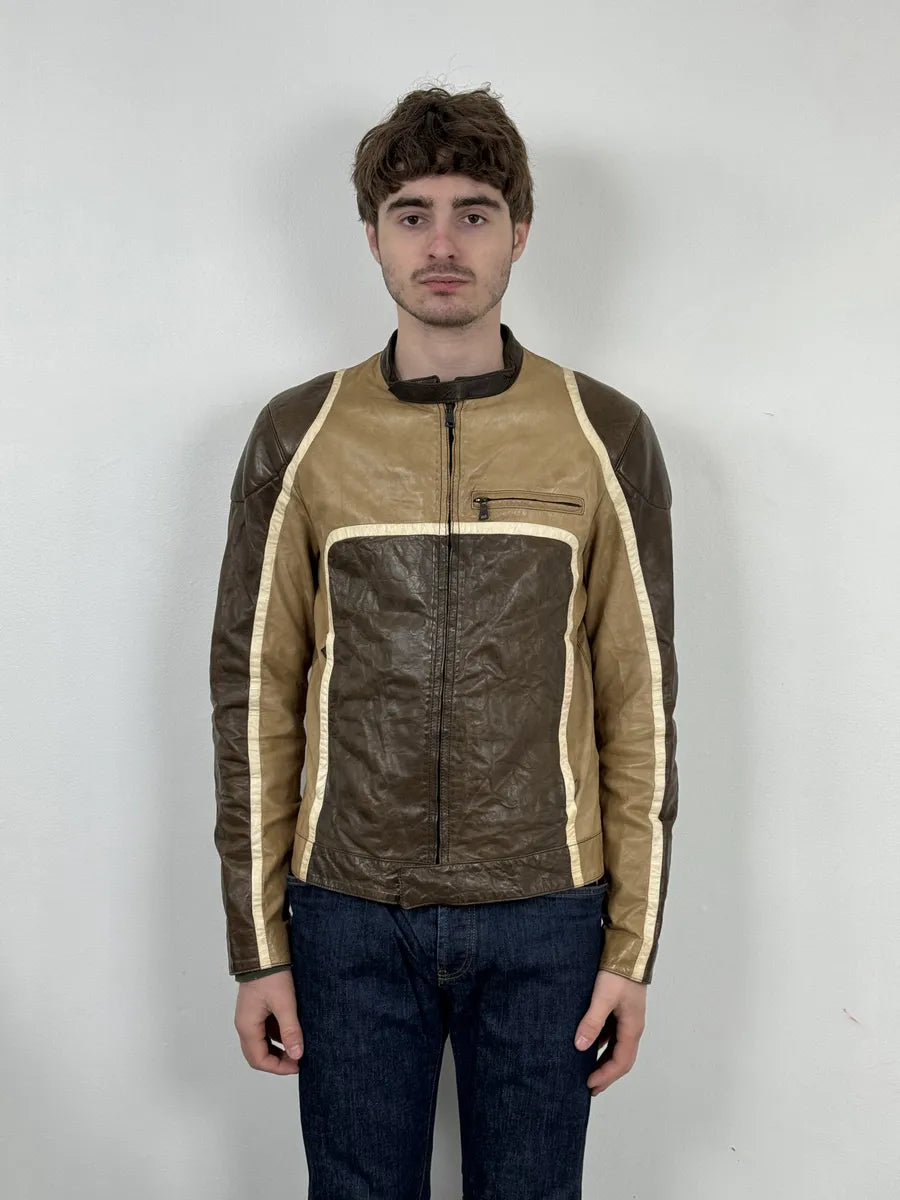 AW2007 Prada Beige & Brown Ricer Biker Leather Jacket oGbDHdS 2