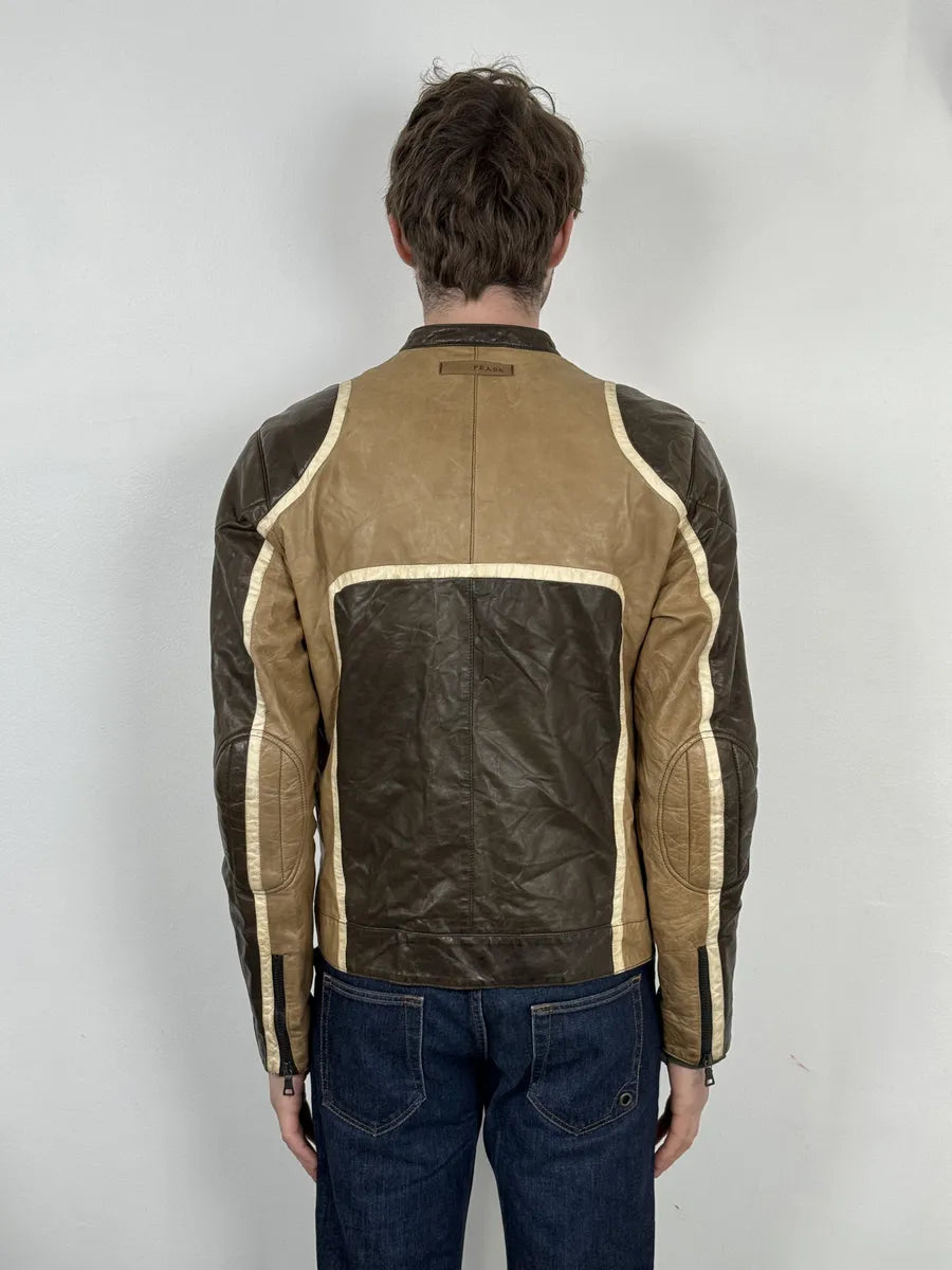 AW2007 Prada Beige & Brown Ricer Biker Leather Jacket oGbDHdS 3