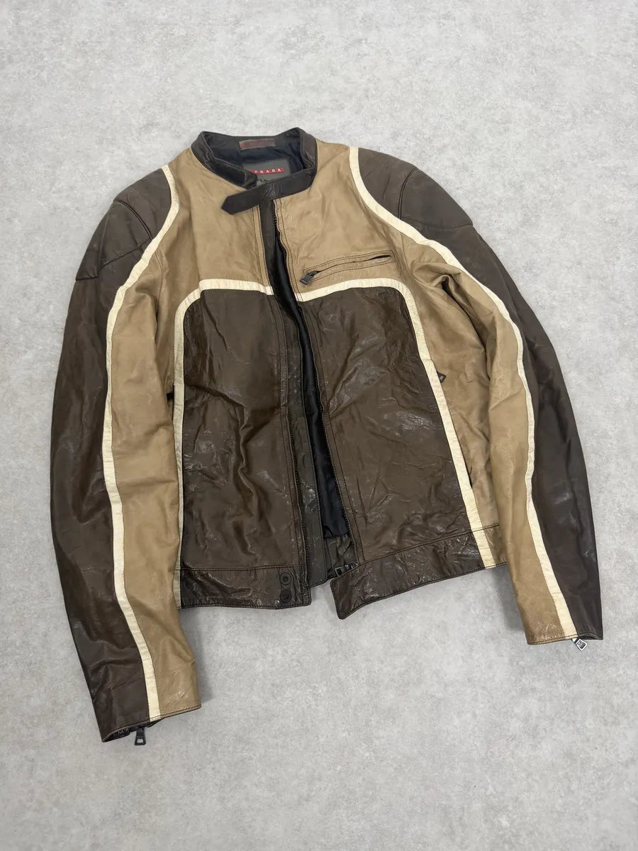 AW2007 Prada Beige & Brown Ricer Biker Leather Jacket oGbDHdS 4
