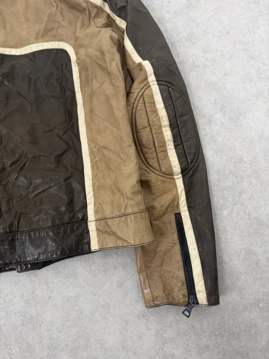 AW2007 Prada Beige & Brown Ricer Biker Leather Jacket oGbDHdS 5