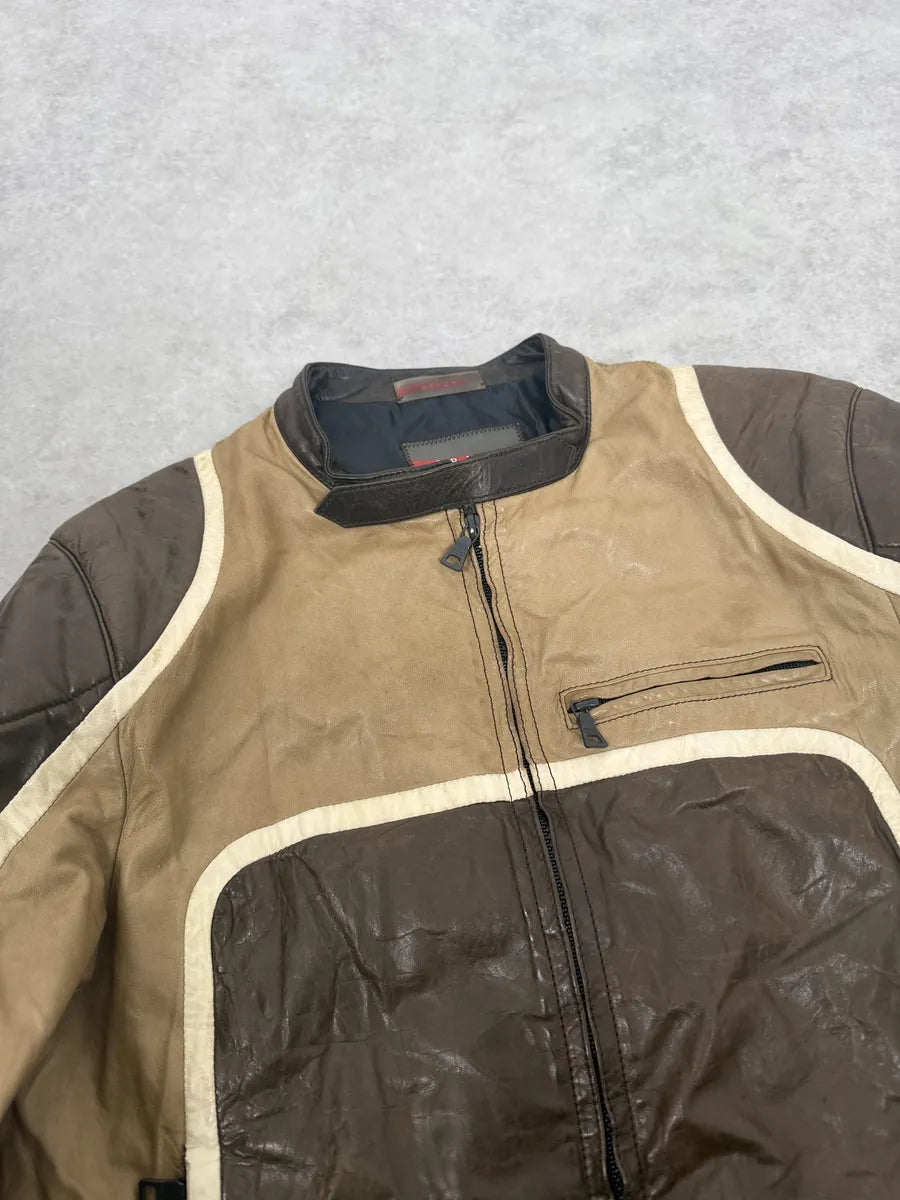 AW2007 Prada Beige & Brown Ricer Biker Leather Jacket oGbDHdS 6