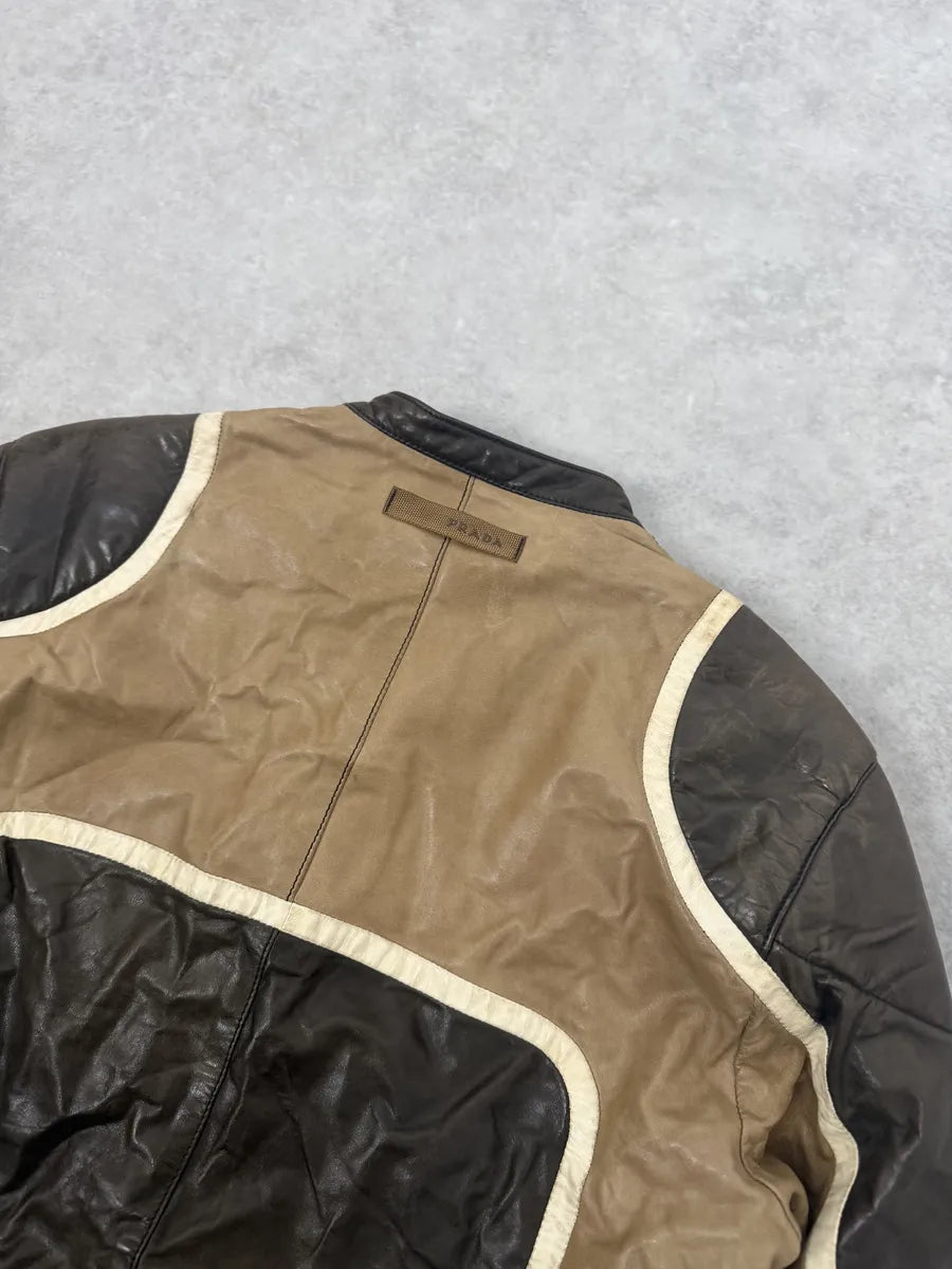 AW2007 Prada Beige & Brown Ricer Biker Leather Jacket oGbDHdS 7