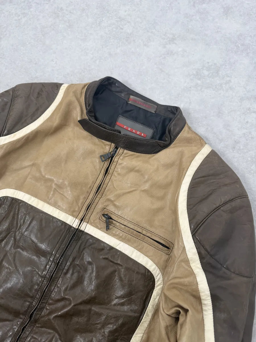 AW2007 Prada Beige & Brown Ricer Biker Leather Jacket oGbDHdS 8