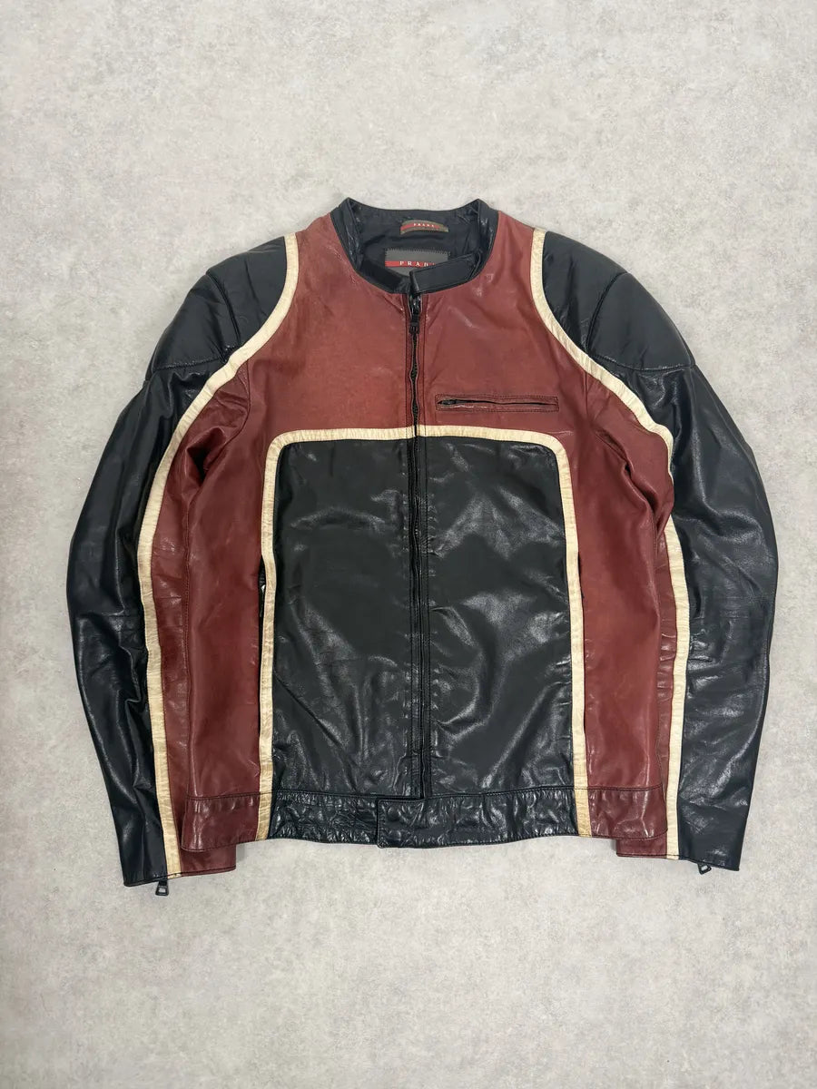 AW2007 Prada Black & Red Biker Racer Leather Jacket ySKbnxD 0