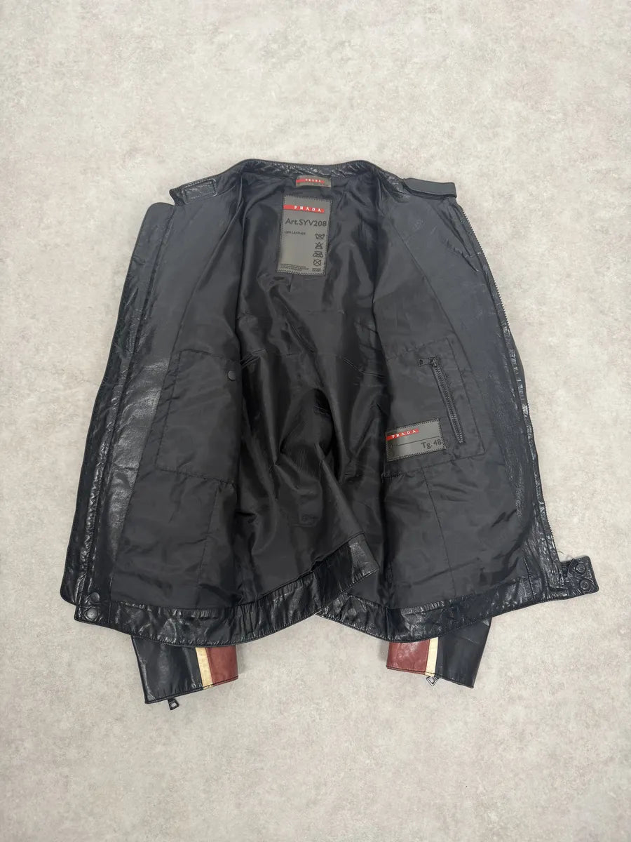 AW2007 Prada Black & Red Biker Racer Leather Jacket ySKbnxD 12