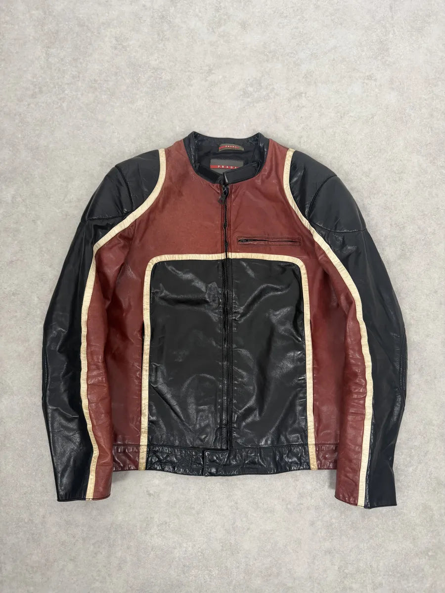AW2007 Prada Black & Red Biker Racer Leather Jacket ySKbnxD 3