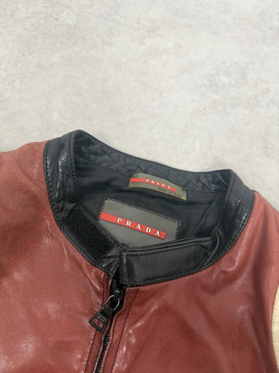 AW2007 Prada Black & Red Biker Racer Leather Jacket ySKbnxD 7
