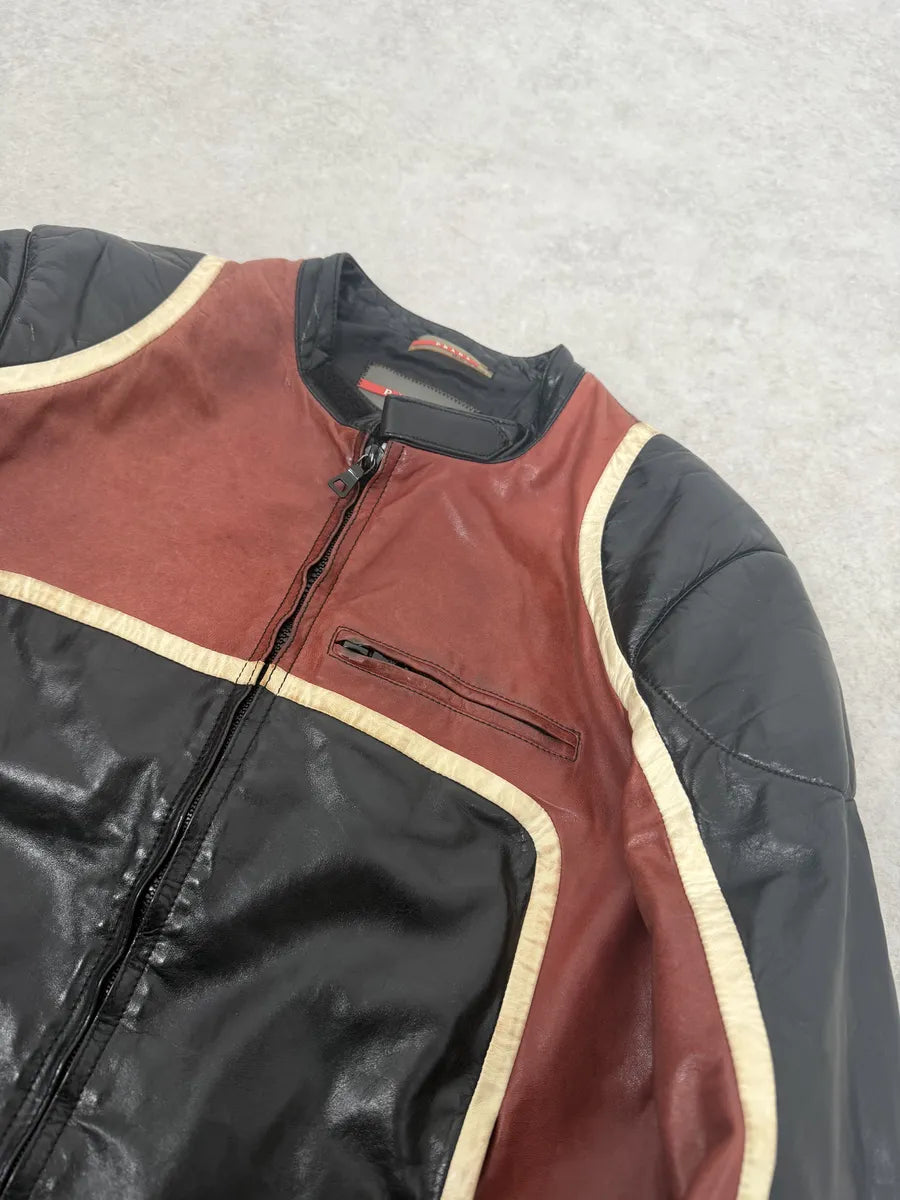 AW2007 Prada Black & Red Biker Racer Leather Jacket ySKbnxD 8