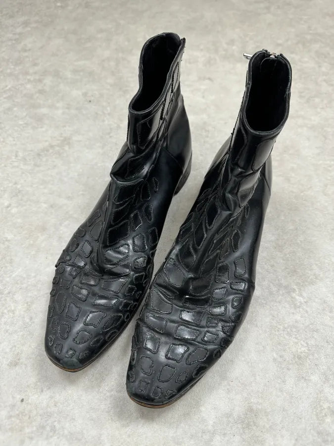 AW2007 Prada Black Leather Chelsea Crocodile Embossed Boots qBlNaCa 4