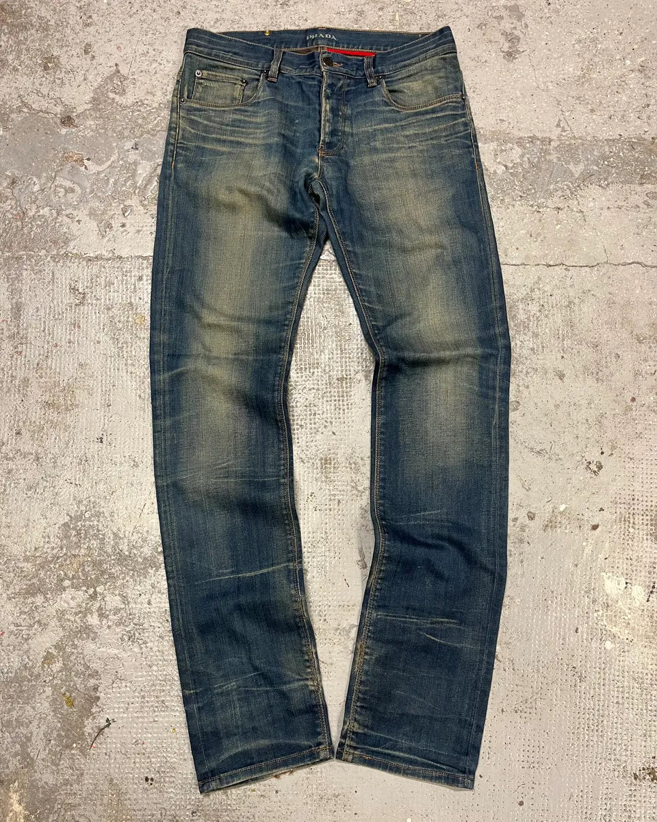 AW2007 Prada Blue Faded Denim Slim Jeans FKLoSXC 0