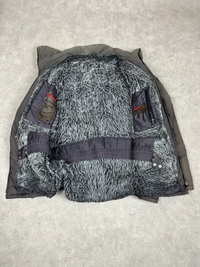  2000s Prada Dyed Kid Fur Grey Hooded Puffer Jacket aIJziGx 9