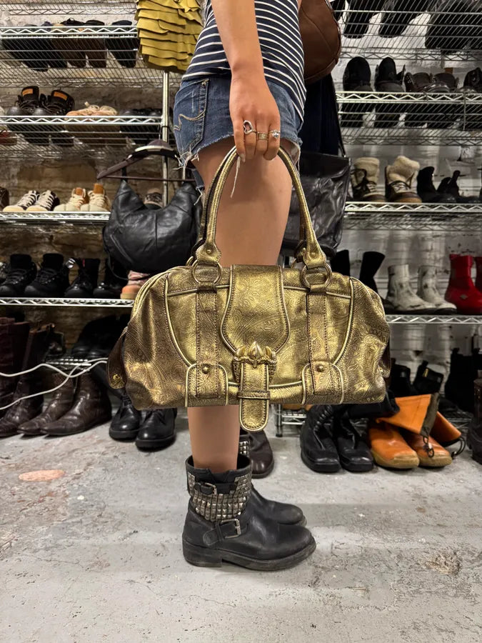 AW2007 Roberto Cavalli Gold Buckle Embroidered Handle Leather Bag (OS) zCvilUB 1