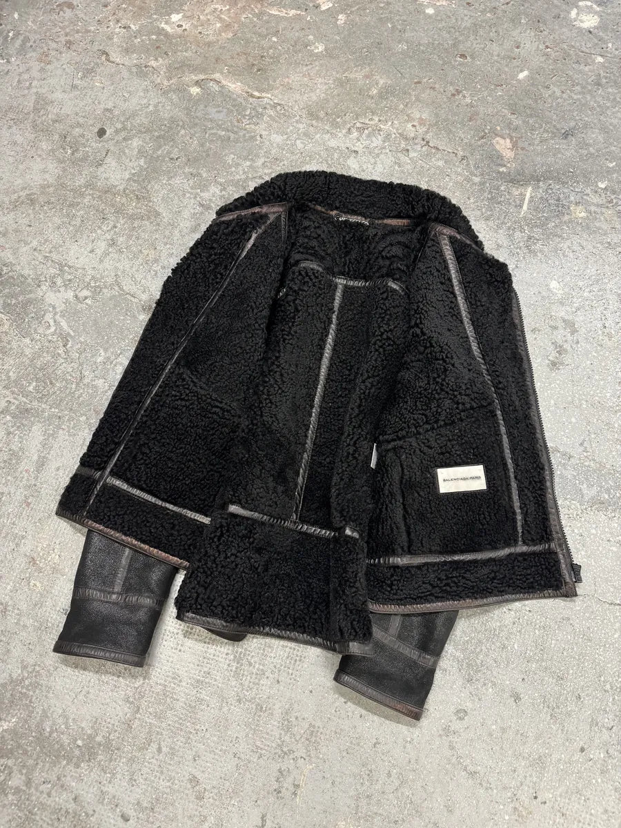 AW2008 Balenciaga Lambskin Black Asymmetrical Shearling Leather Jacket nsVmIJn 3