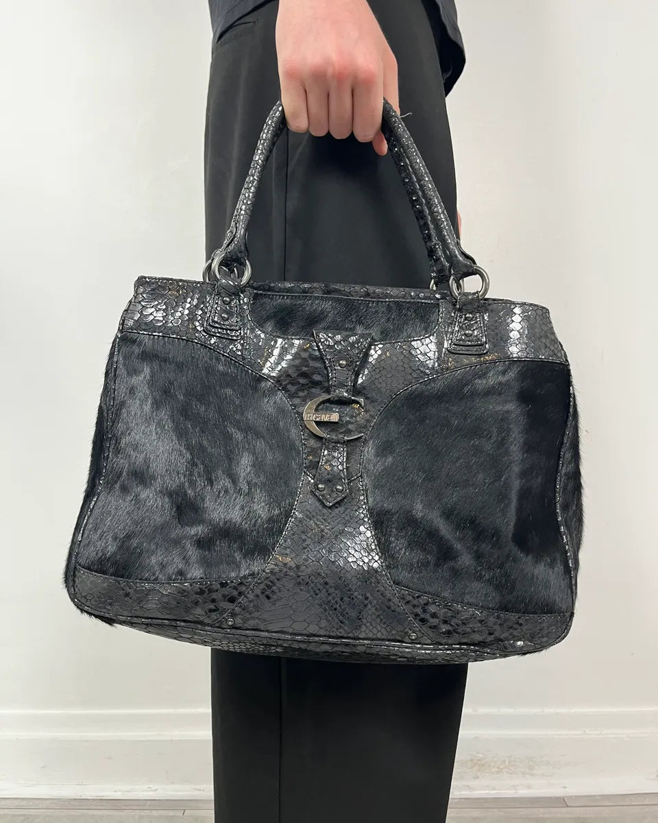 AW2008 Cavalli Black Fur & Python Effect Handle Bag IkhTAhV 2