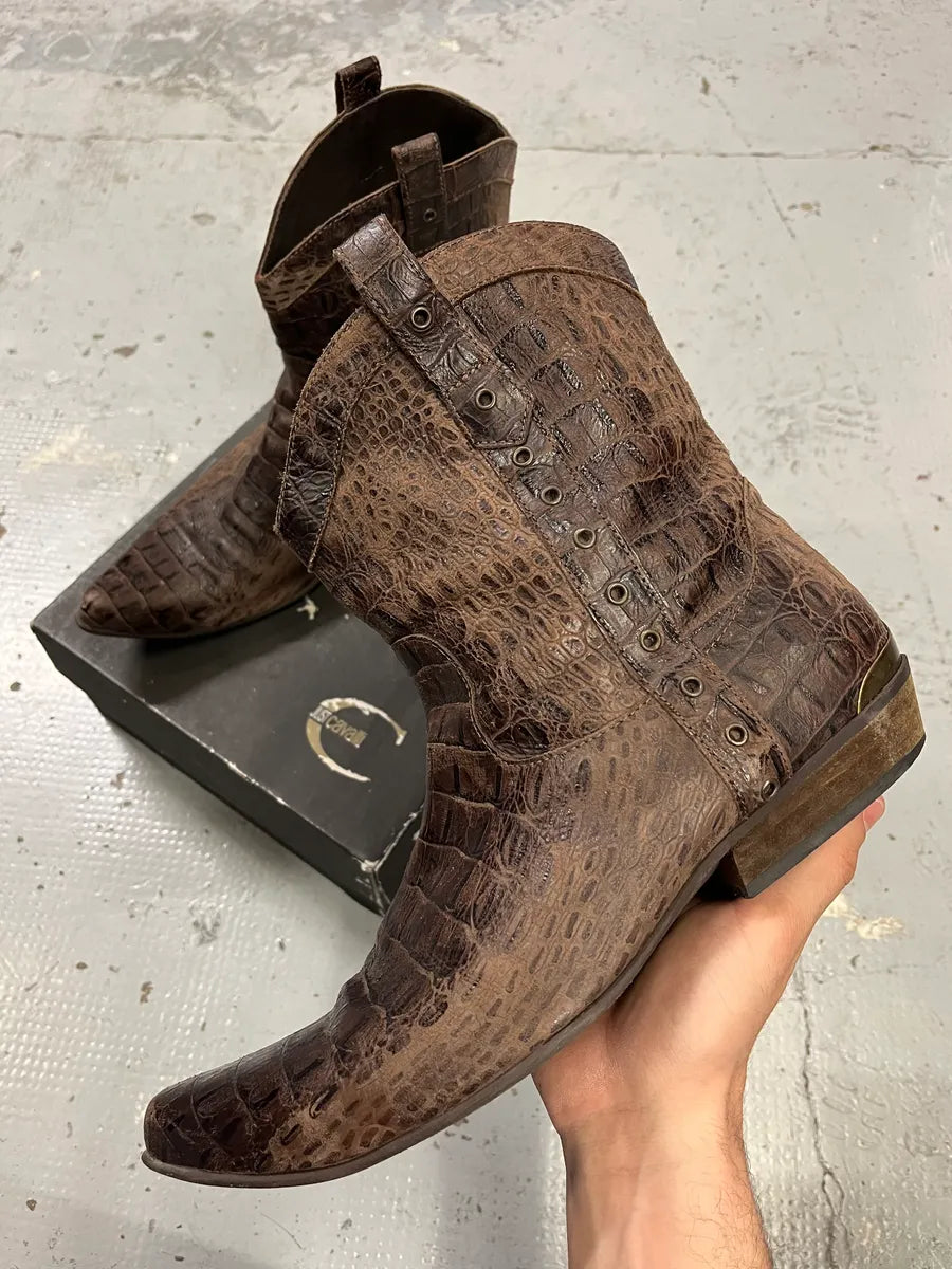 AW2008 Cavalli Brown Leather Crocodile Embossed Boots afrAOTG 0