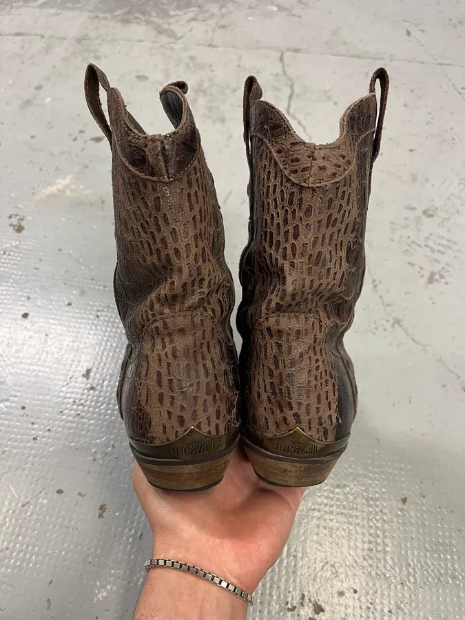 AW2008 Cavalli Brown Leather Crocodile Embossed Boots afrAOTG 4