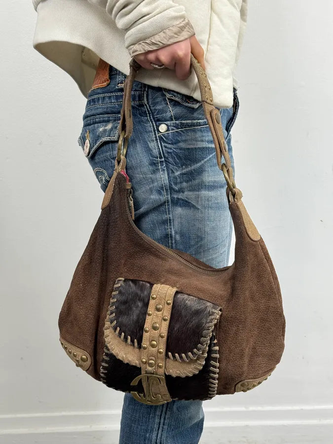 AW2008 Cavalli Brown Pony Hair Studded Leather Handle Bag efcDAxO 1