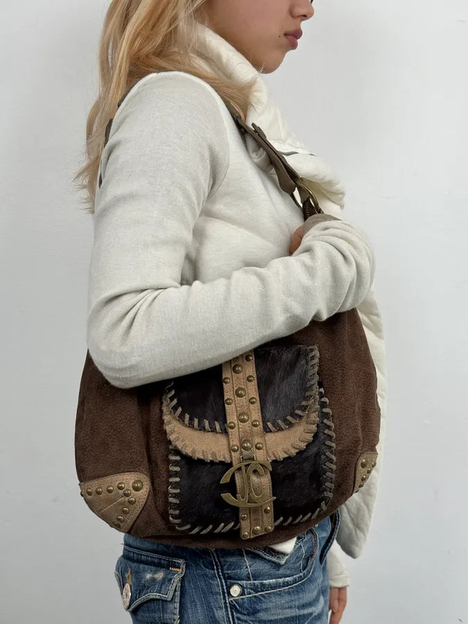 AW2008 Cavalli Brown Pony Hair Studded Leather Handle Bag efcDAxO 2