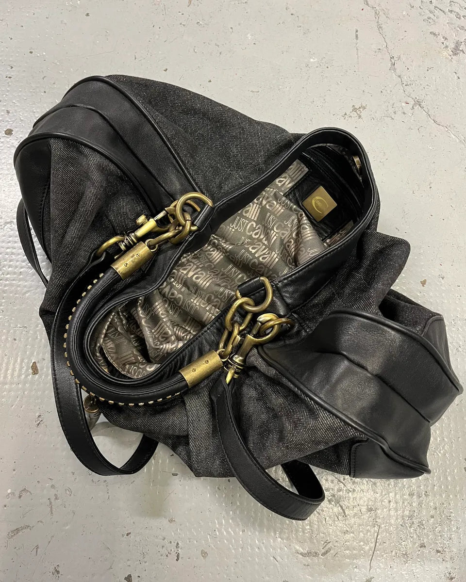 AW2008 Cavalli Grey Denim and Black Leather Handle Bag ZcxfDHk 11
