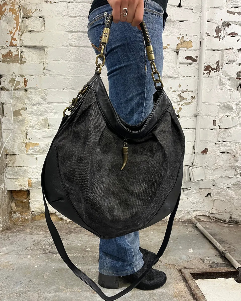 AW2008 Cavalli Grey Denim and Black Leather Handle Bag ZcxfDHk 2