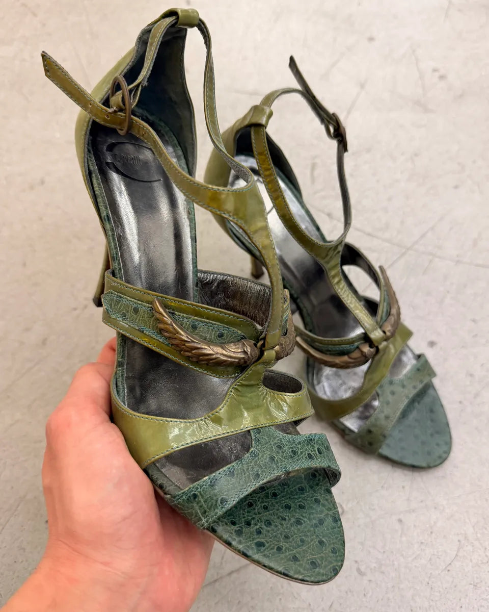 AW2008 Cavalli Olive Ostrich Effect Leather Strappy Heels pnLcOQA 0
