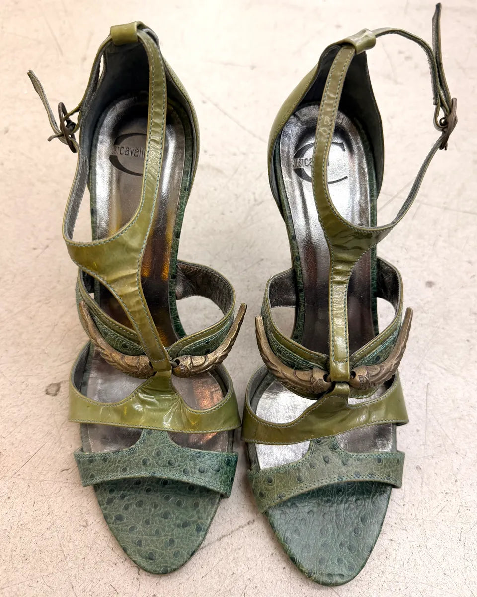 AW2008 Cavalli Olive Ostrich Effect Leather Strappy Heels pnLcOQA 1